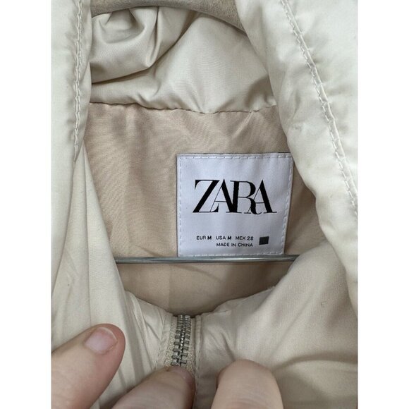 Zara Puffer Jacket Women Medium Beige Cropped Preppy Minimalist Full‎ Zip - Picture 3 of 13